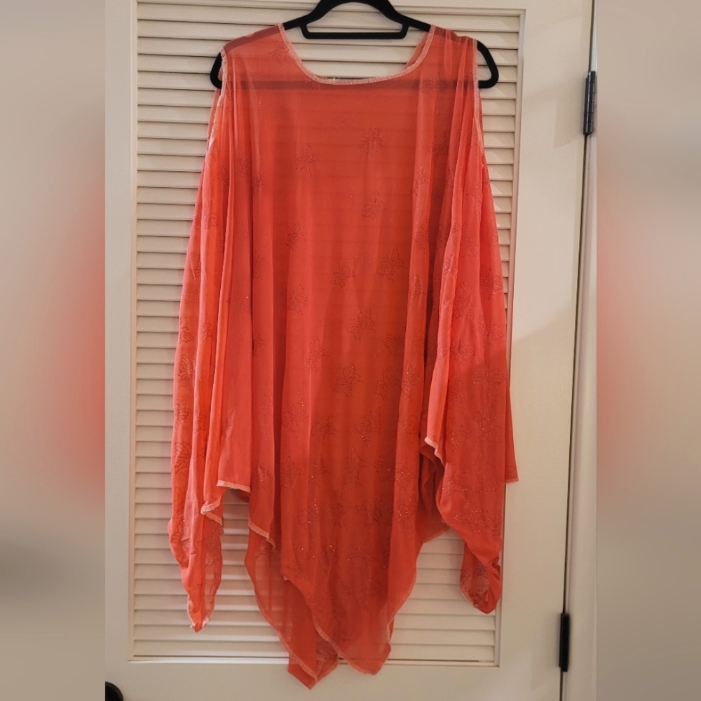 Pinkish-Orange Sparkly Butterfly Sheer Shawl Cover Up
